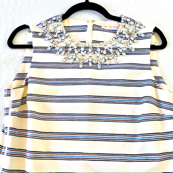 Tory Burch cream blue striped dress with jewels 8 - Picture 2 of 12